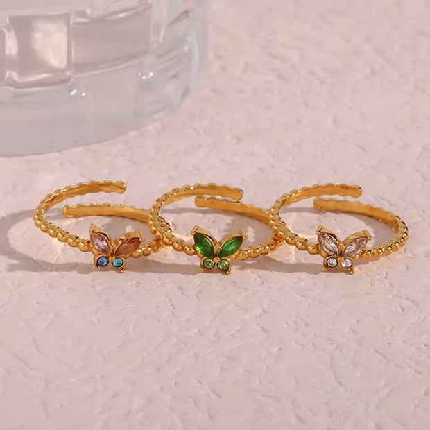 18K Gold Plated Stainless Steel Adjustable Zircon Butterfly Rings for Women Non Tarnish Jewelry