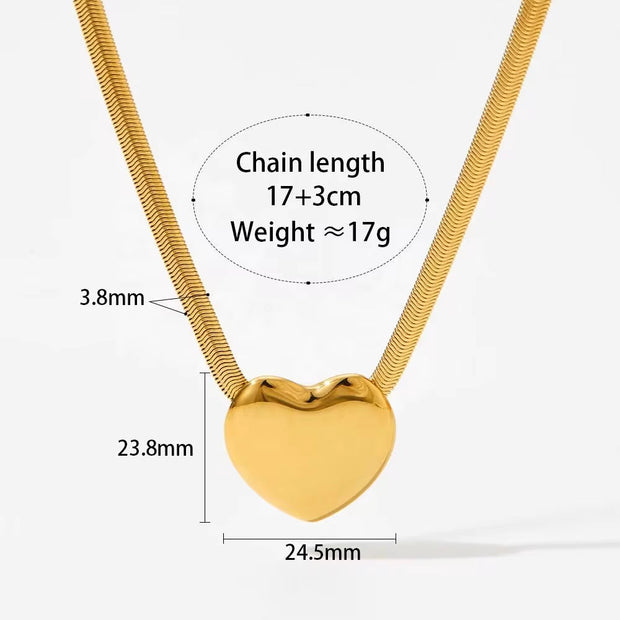 Waterproof PVD Gold Plated Flat Snake Chain Love Vintage Stainless Steel Jewelry Heart Charm Pendant Necklace for Women