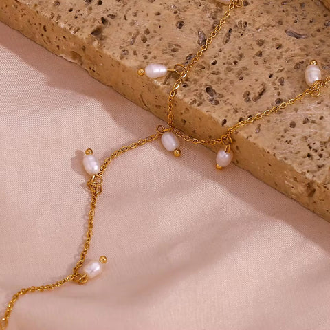 Valentines Fresh Water Pearls Tassel Necklace 18K Gold Plated Stainless Steel Chain Charm Necklace