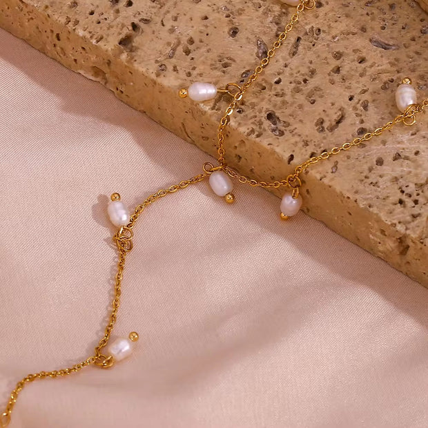 Valentines Fresh Water Pearls Tassel Necklace 18K Gold Plated Stainless Steel Chain Charm Necklace
