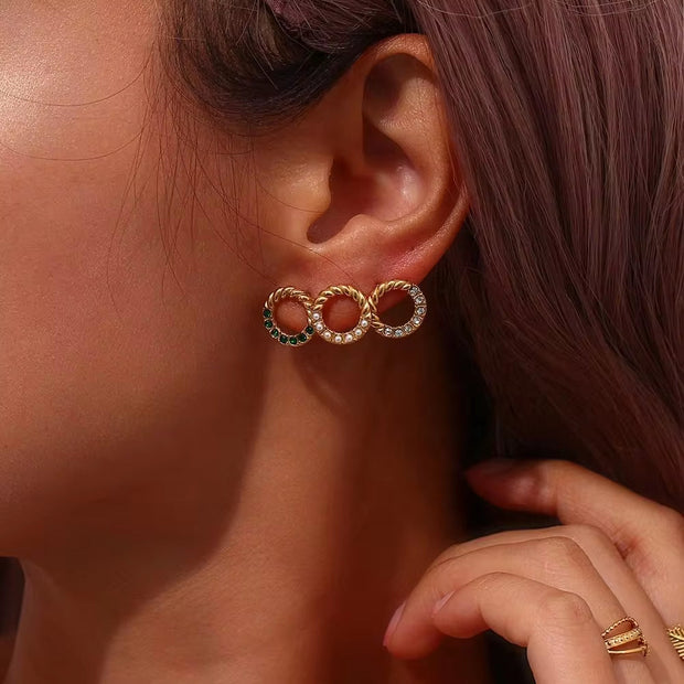 Vintage Twisted Zircon & Pearl Stud Earring 18K Gold Plated Stainless Steel Earring Women Jewelry
