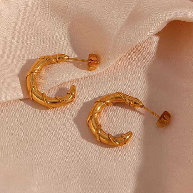 Trendy 18K Gold Plated Bamboo Shape Gold Hoop Earrings Tarnish Free Stainless Steel Earrings Women