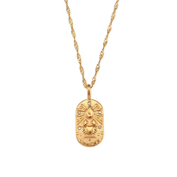 Vintage Embossment 12 Zodiac Signs Zircon Pendant Necklace 18K Gold Plated Stainless Steel Necklace for Women