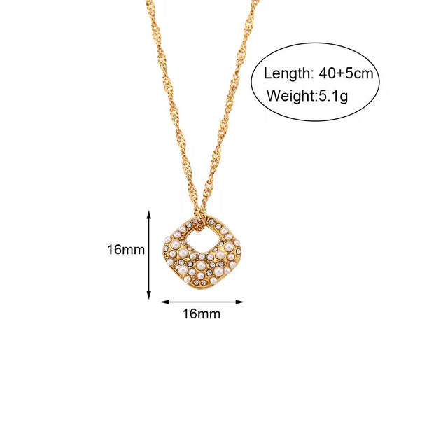 Tarnish Free Square Pearl & Zircon Pendant Necklace 18K Gold Plated Stainless Steel Necklace for Women