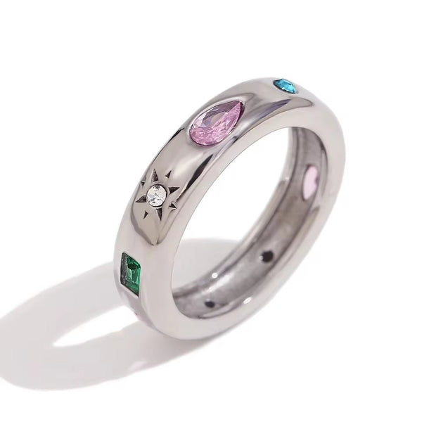 Valentines Day Gift 2024 Colorful Zircon Signet Ring Gold Plated Stainless Steel Rings Women