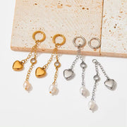 18K Gold 316 Stainless Steel Chain Link Natural Pearl Heart Long Drop Dangle Earrings for Women Waterproof Jewelry