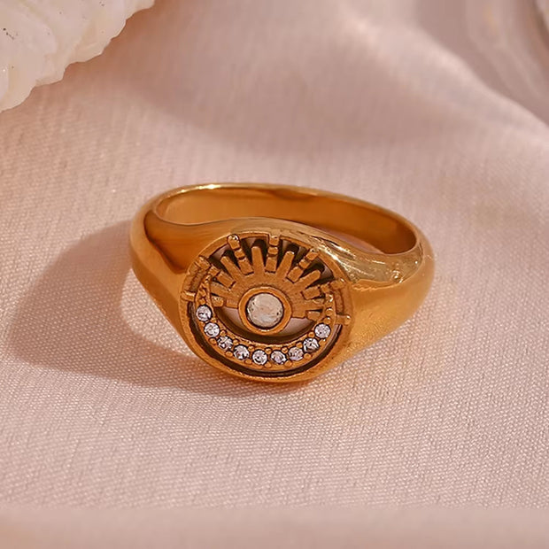 Vintage AAA Zircon Engraved Sun Moon Engagement Ring 18K Gold Plated Stainless Steel Signet Rings Jewelry Women