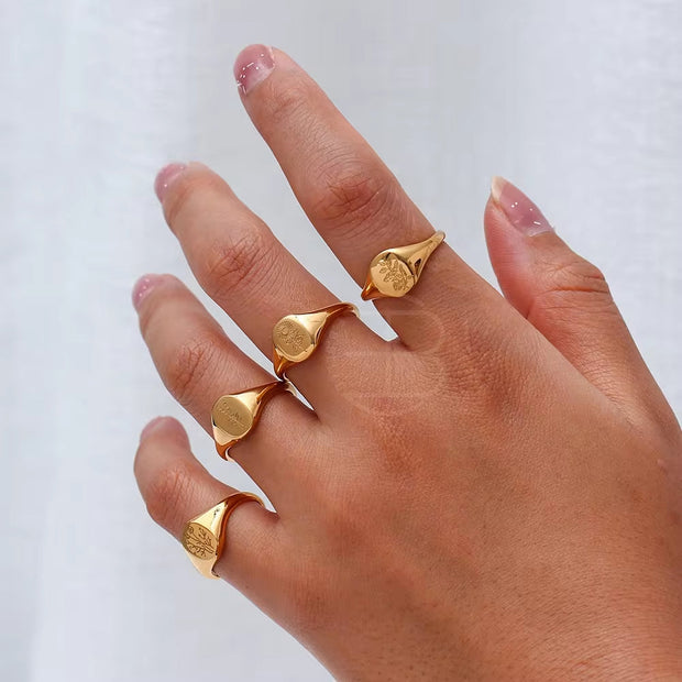 Tarnish Free Wildflower Signet Rings Set Stainless Steel PVD Gold Plated Chunky Rings Minimalist Jewelry