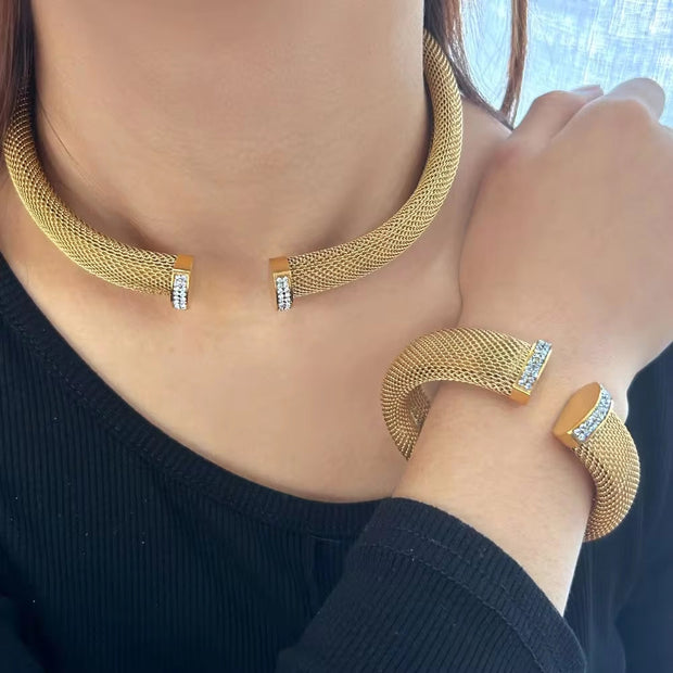 12Mm 16Mm Exquisite Thick Mesh Stainless Steel Jewelry Set Women'S Premium Pierced PVD 18K Plated Chunky Cuff Bracelet