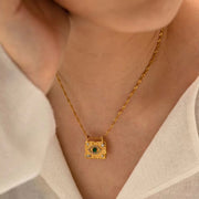 Waterproof 18K Gold Plated Stainless Steel Rings Jewelry Set Cubic Zirconia Malachite Eye Pendant Necklace