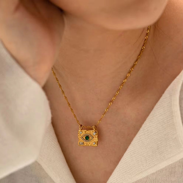Waterproof 18K Gold Plated Stainless Steel Rings Jewelry Set Cubic Zirconia Malachite Eye Pendant Necklace