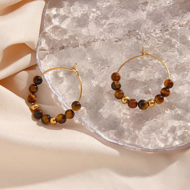 Vintage Natural Stone Earring Beaded Gold Plated Stainless Steel Hoop Earring Handmade Beaded Earrings