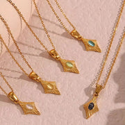 Vintage Engraved Rhombic Colorful Man-Made Opal Pendant Necklace 18K Gold Plated Stainless Steel Necklace Design Jewelry