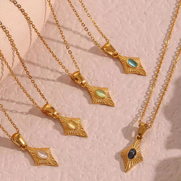 Vintage Engraved Rhombic Colorful Man-Made Opal Pendant Necklace 18K Gold Plated Stainless Steel Necklace Design Jewelry