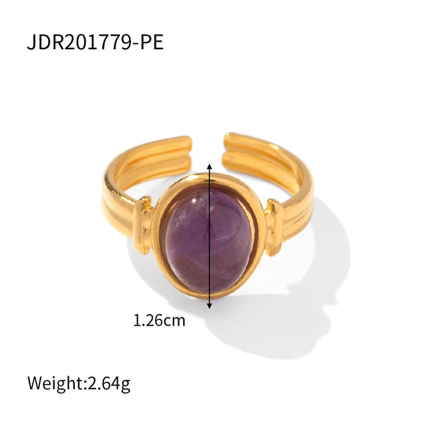 18K Gold Plated Stainless Steel round Natural Green Purple Stone Adjustable Rings for Women