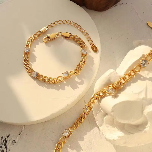 18K Gold Plated Stainless Steel Jewelry Waterproof Charm Cuban Chain Cubic Zirconia Bracelet for Women Ladies