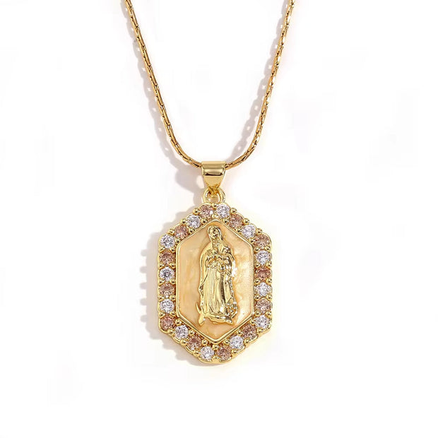 Valentine'S Day Jewelry Shining Zircon Virgin Mary Enamel Necklace Gold Plated Jewelry Stainless Steel Pendant Necklace