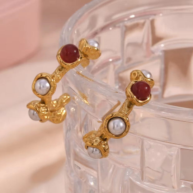 2023 New Arrivals Ruby Stud Earrings 18K Gold Plated Stainless Steel Pearl Bulk Wholesale Earrings