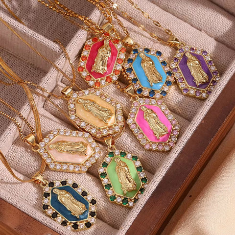 Valentine'S Day Jewelry Shining Zircon Virgin Mary Enamel Necklace Gold Plated Jewelry Stainless Steel Pendant Necklace