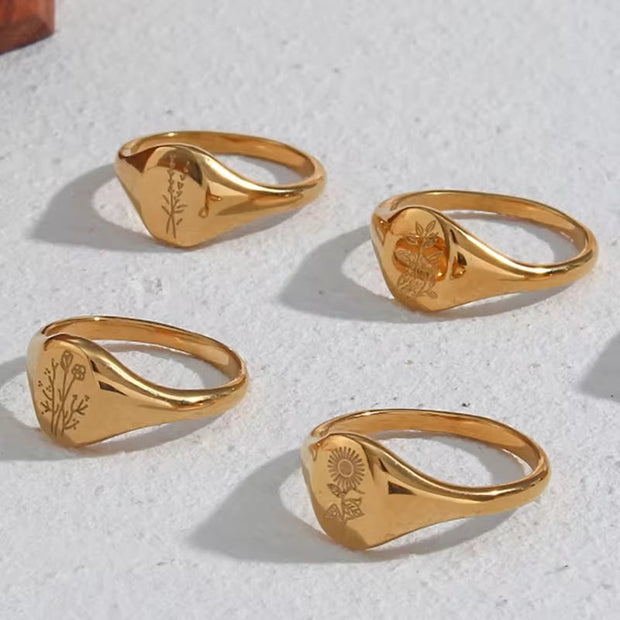 Tarnish Free Sunflower Signet Rings Set PVD 18K Gold Plated Stainless Steel Chunky Rings, Women Jewelry