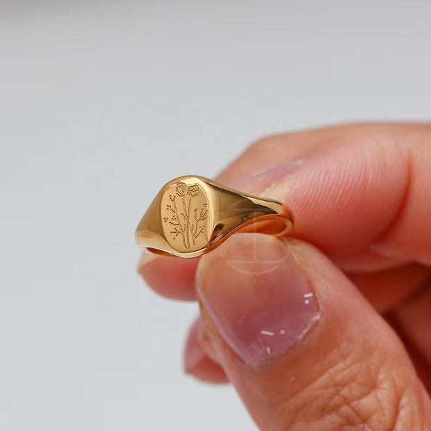 Tarnish Free Wildflower Signet Rings Set Stainless Steel PVD Gold Plated Chunky Rings Minimalist Jewelry