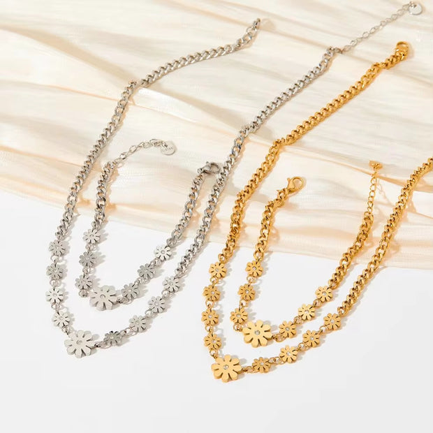 18K Gold Plated Stainless Steel Cuban Chain Jewelry Gift Daisy Flower Pendants Choker Necklace for Women