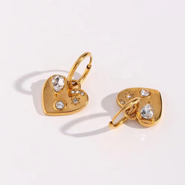 Tarnish Free Shining Zircon Jewelry Heart Drop Earrings Gold Plated Jewelry Stainless Steel Gold Hoop Earring