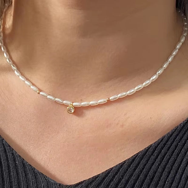Waterproof Stainless Steel Seed Bead Choker Necklace Fashion Baroque Freshwater Pearl round Zircon Pendant Necklaces