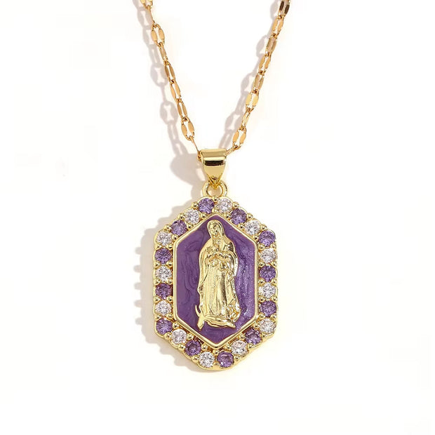 Valentine'S Day Jewelry Shining Zircon Virgin Mary Enamel Necklace Gold Plated Jewelry Stainless Steel Pendant Necklace