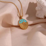 Vintage Oval Shape Enamel Sun Star Design Pendant Necklace Tarnish Free 18K Gold Plated Stainless Steel Necklace