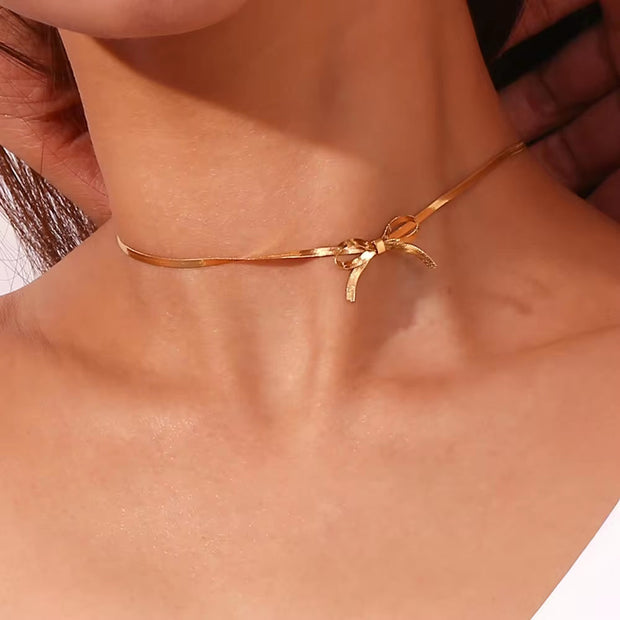 Valentines Day Gift 2024 Bow Choker Gold Plated Blade Chain Jewelry Stainless Steel Chain Necklace