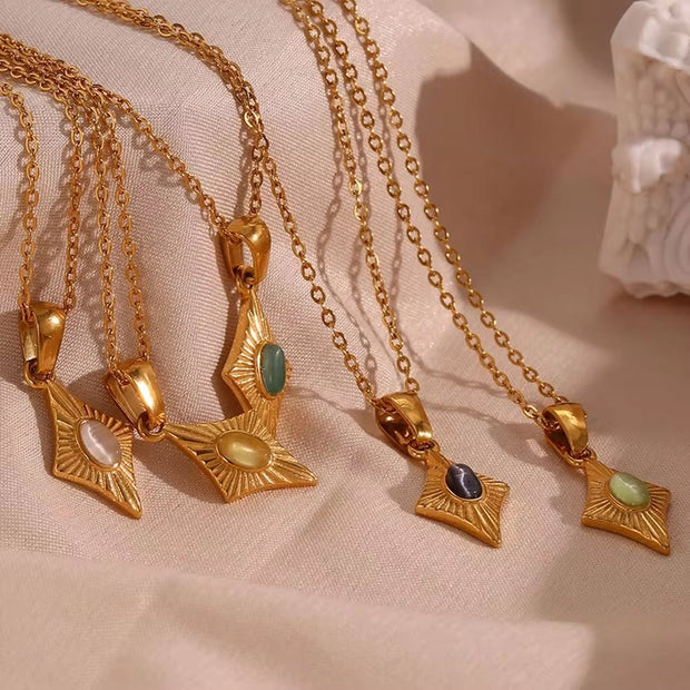 Vintage Engraved Rhombic Colorful Man-Made Opal Pendant Necklace 18K Gold Plated Stainless Steel Necklace Design Jewelry