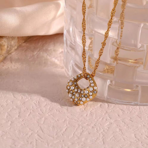 Tarnish Free Square Pearl & Zircon Pendant Necklace 18K Gold Plated Stainless Steel Necklace for Women