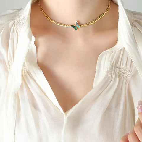 Y2K Custom Gold Plated Fashion Jewelry Long Curb Chain Enamel Pendant Butterfly Necklace Stainless Steel Women