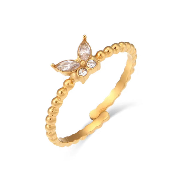 18K Gold Plated Stainless Steel Adjustable Zircon Butterfly Rings for Women Non Tarnish Jewelry