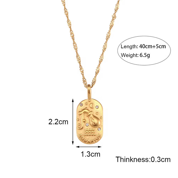Vintage Embossment 12 Zodiac Signs Zircon Pendant Necklace 18K Gold Plated Stainless Steel Necklace for Women