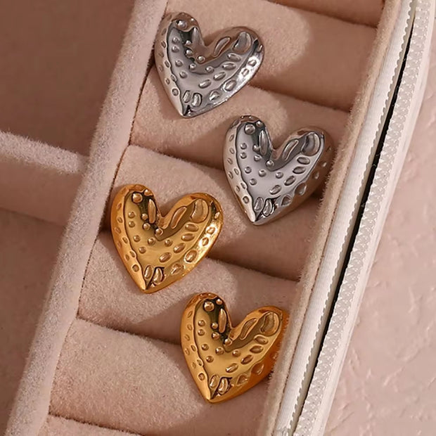 18K Gold Plated Hammered Heart Studs Earrings Tarnish Free Stainless Steel Stud Earrings for Women