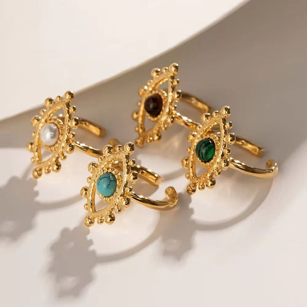 18K Gold Plated Stainless Steel Design Finger Natural Turquoise Malachite Tiger Eyes Stone Evil Eyes Rings