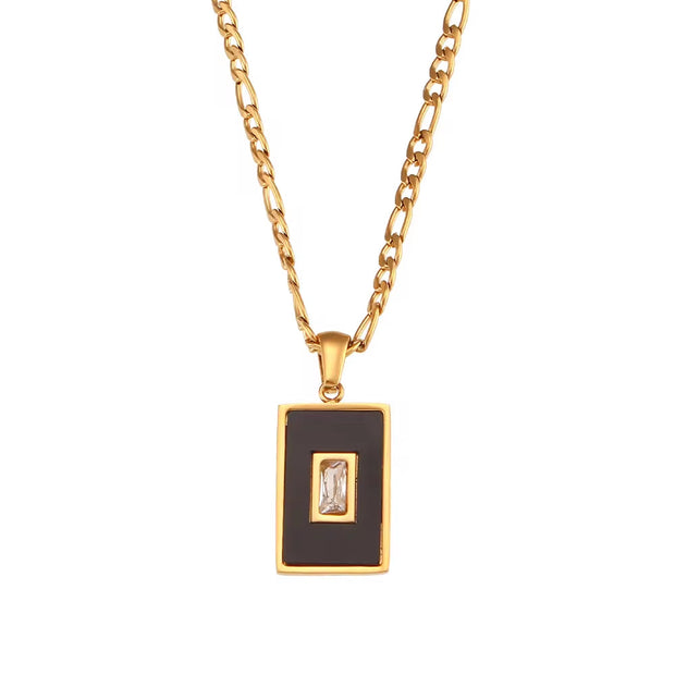 Vintage Square Acrylic Zircon Pendant Necklace 18K Gold Plated Stainless Steel Figaro Chain Necklace