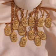 Vintage Embossment 12 Zodiac Signs Zircon Pendant Necklace 18K Gold Plated Stainless Steel Necklace for Women