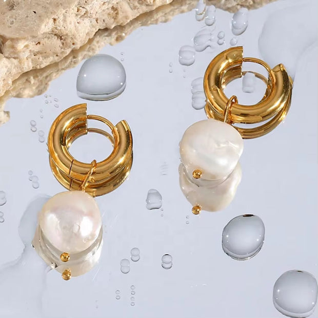 Vintage Water Proof Fresh Water Pearl Earrings Hypoallergenic Non Tarnish Stainless Steel Gold Hoop Earrings for Women