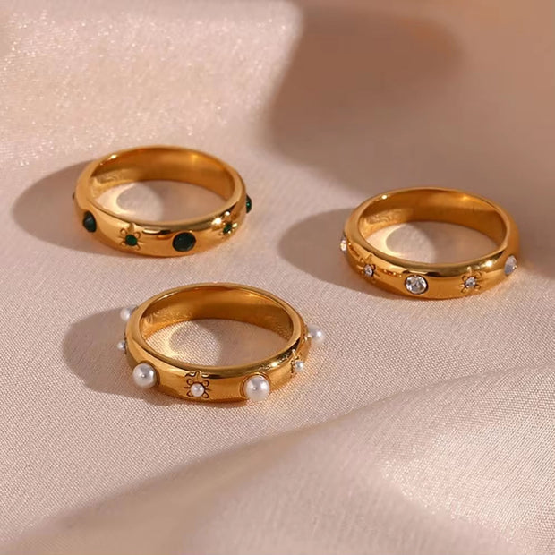 Trendy 18K Gold Plated Fresh Water Pearl & Zircon Rings Jewelry Women Tarnish Free Stainless Steel Rings