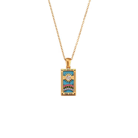 Trendy Square Colorful Enamel Zircon Tarot Cards Pendant Necklace 18K Gold Plated Stainless Steel Necklaces for Women