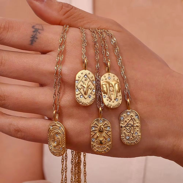 Vintage Embossment 12 Zodiac Signs Zircon Pendant Necklace 18K Gold Plated Stainless Steel Necklace for Women