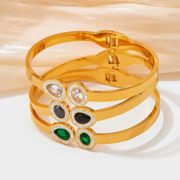18K Gold Plated White Cubic Zirconia Setting Stainless Steel Band Bangles for Female
