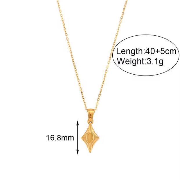 Vintage Engraved Rhombic Colorful Man-Made Opal Pendant Necklace 18K Gold Plated Stainless Steel Necklace Design Jewelry