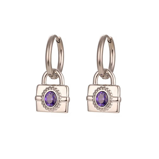 Vintage 18K Gold Plated Zircon Lock Shape Drop Earrings Stainless Steel Women Drop Earring