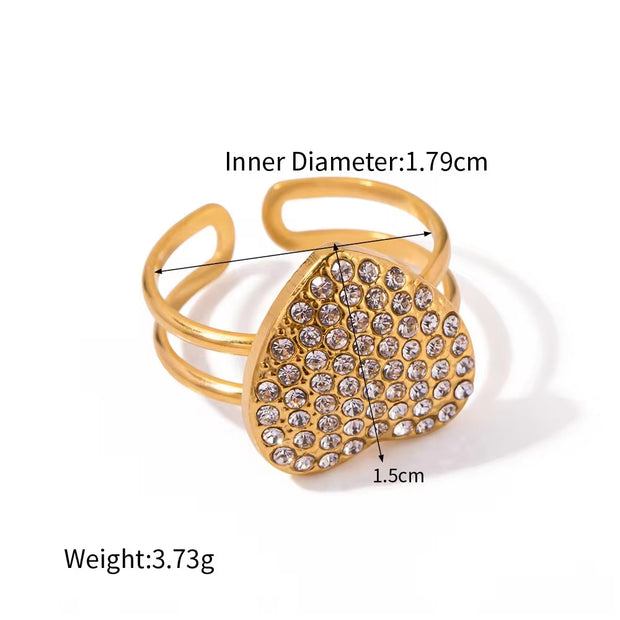 Wholesale No Tarnish 18K Gold Plated Heart Shaped Diamond Stainless Steel Double Layer Opening Rings