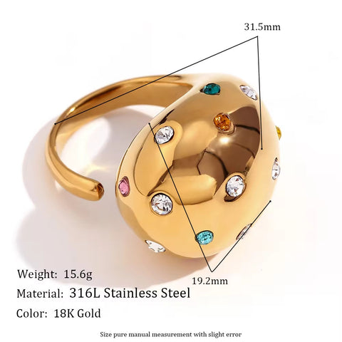 Water Drop Open Ring Colorful Crystal Rhinestone Pearl Ring Gold Plated Jewelry Stainless Steel Jewelry Custom