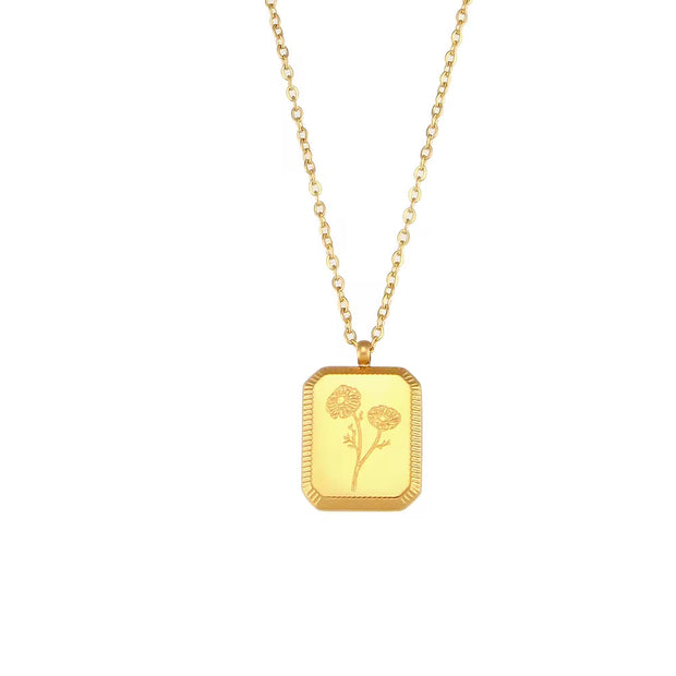 Vintage Engraved Square Birth Flower Pendant Necklace 18K Gold Plated Stainless Steel Tarot Necklace